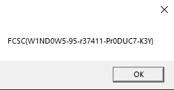 Windows MessageBox showing the flag : FCSC{W1ND0W5-95-r37411-Pr0DUC7-K3Y}